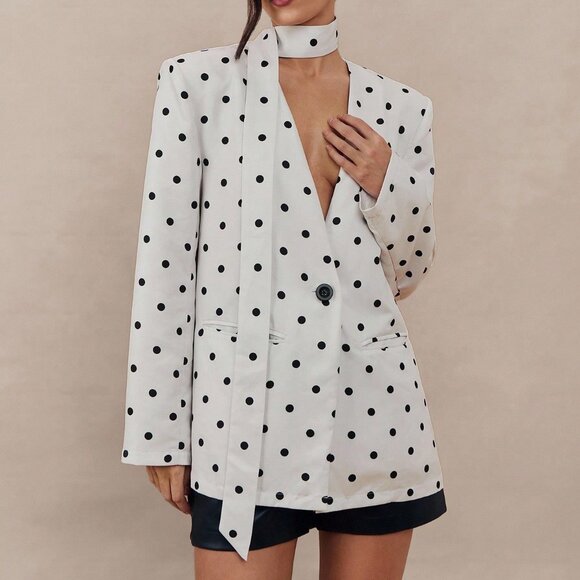 Elegant Women's Polka Dot Print Long Sleeve Casual Loose oversize Blazer Jacket - Picture 1 of 8
